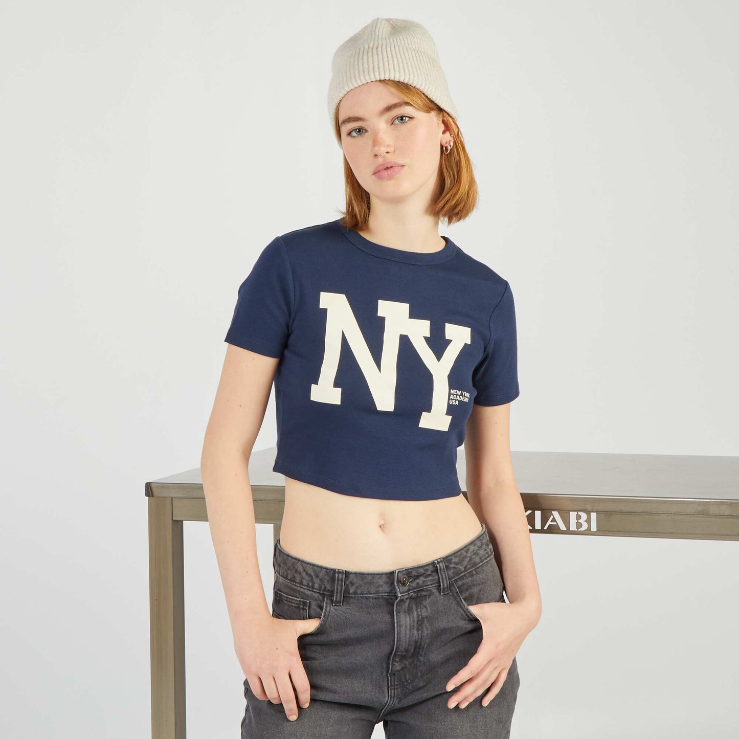 Stretch jersey fabric NYC crop top BLACK