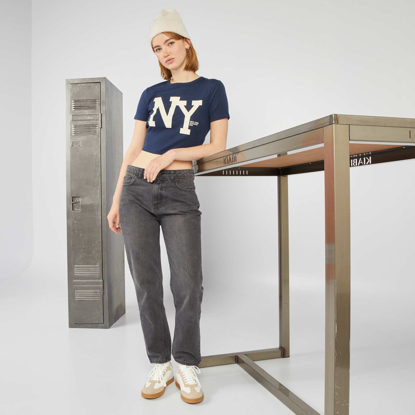 Stretch jersey fabric NYC crop top BLACK