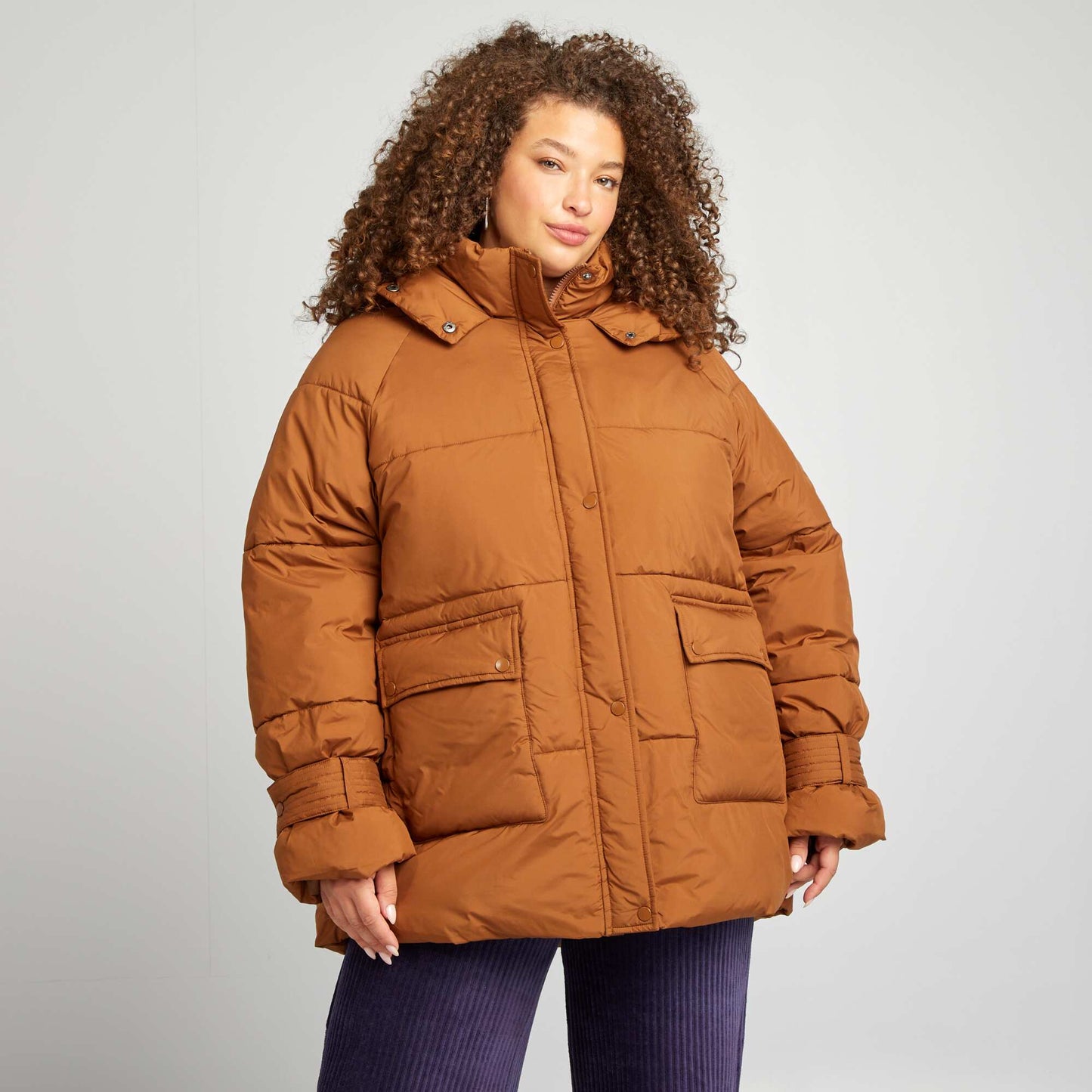 Mid-length quilted padded jacket BROWN