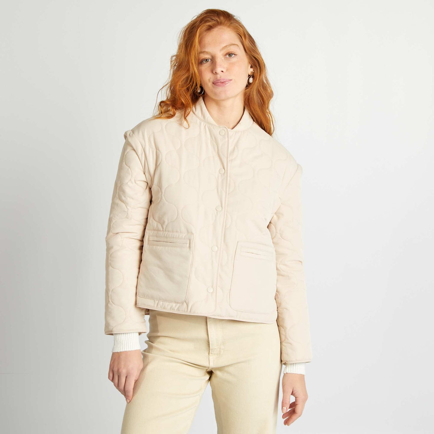 Quilted padded jacket with detachable sleeves BEIGE