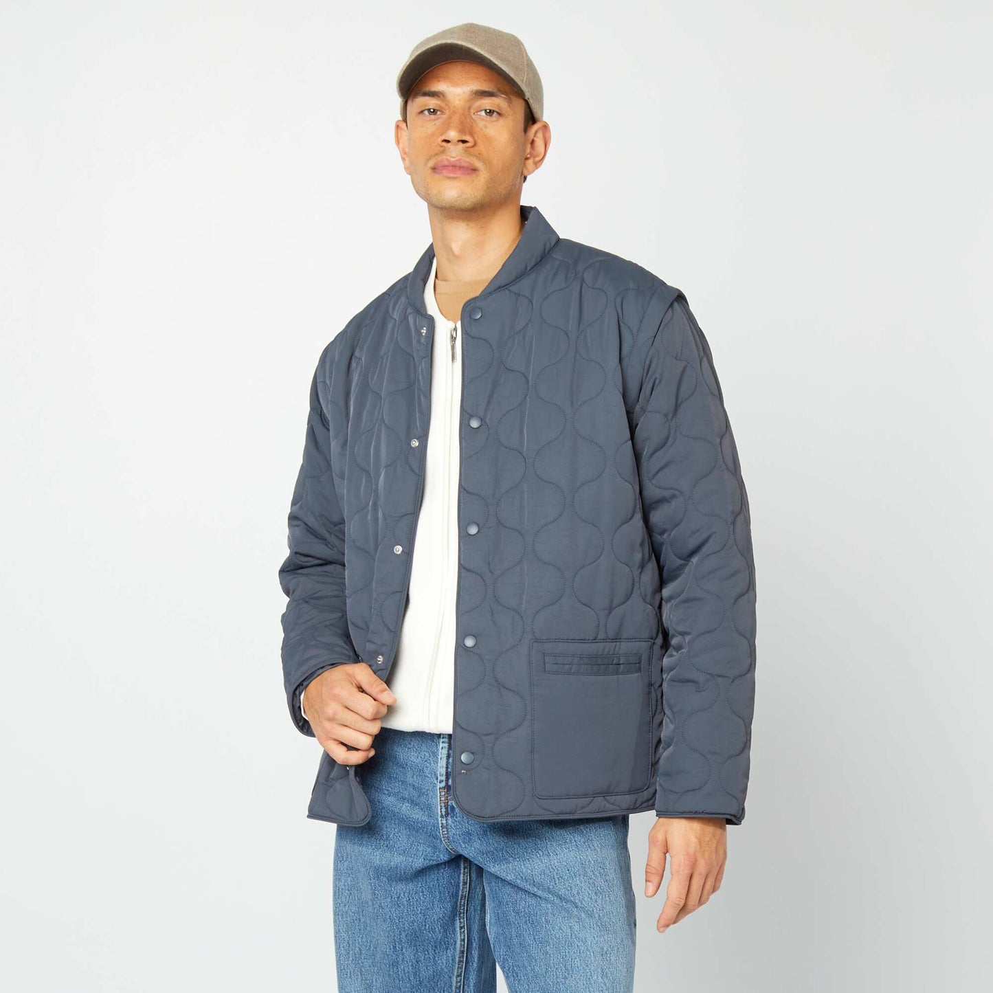 Quilted padded jacket with detachable sleeves BLUE