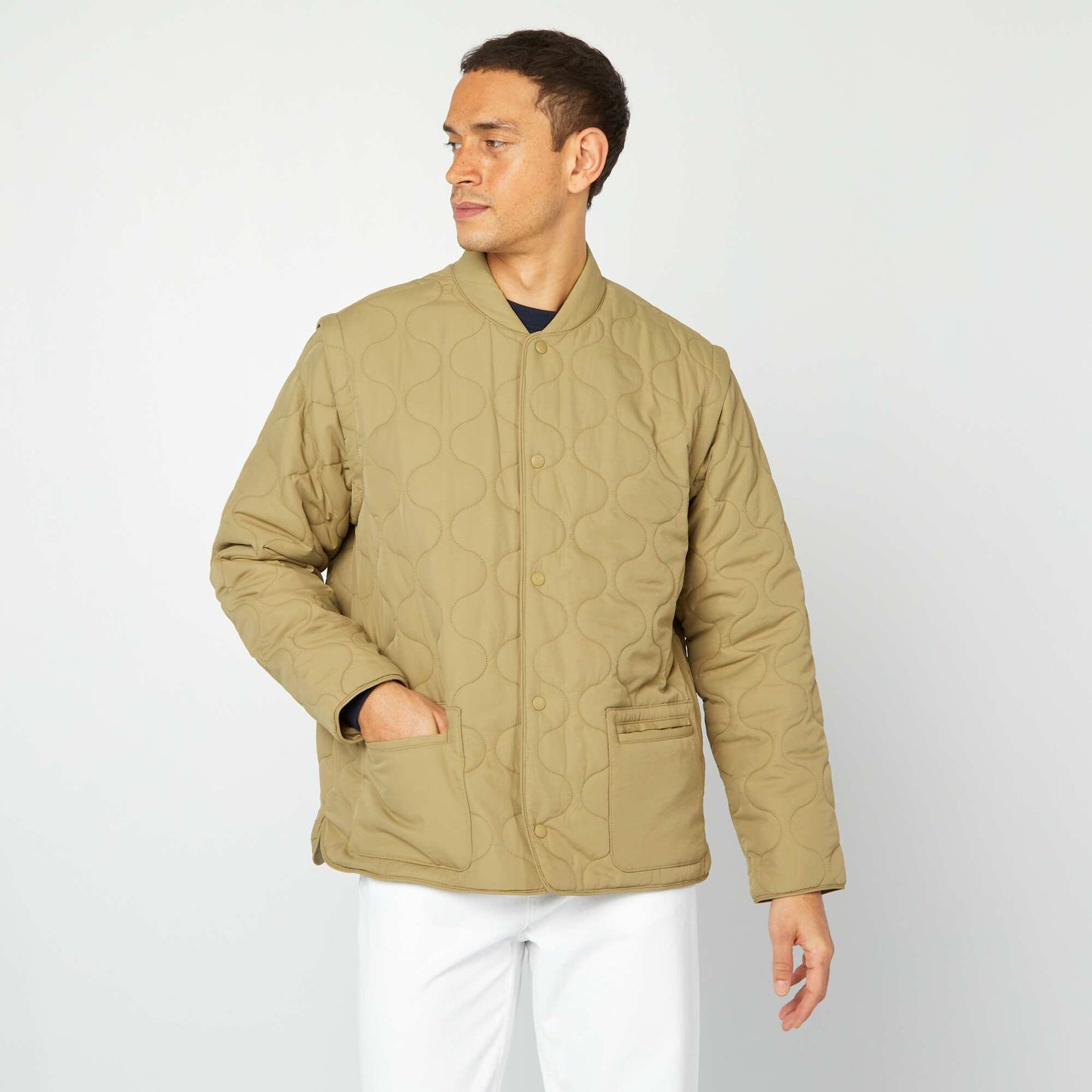 Quilted padded jacket with detachable sleeves KHAKI
