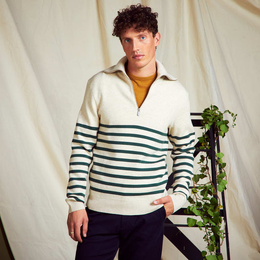 Striped sweater with zipped high neck VL_BEIGE