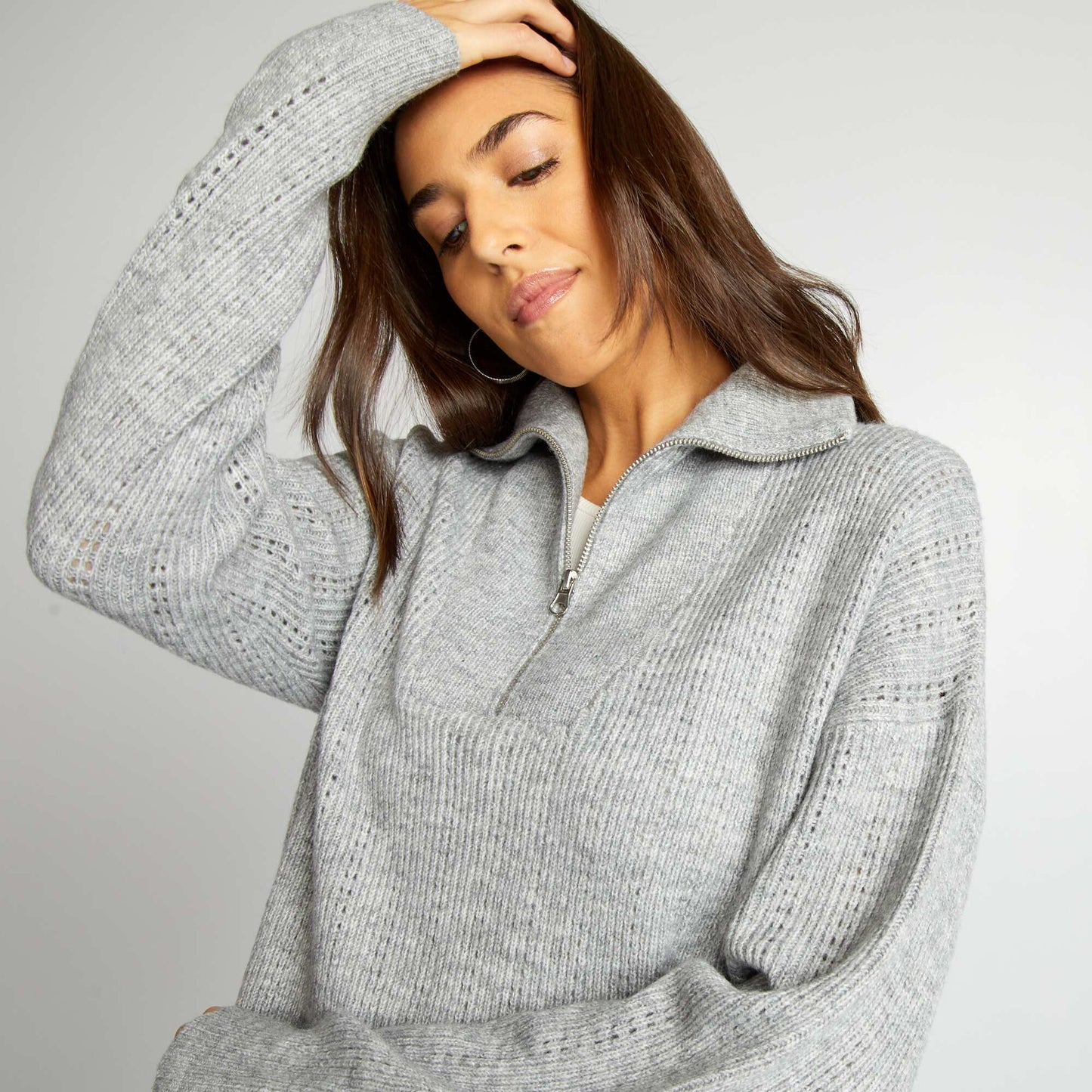 Pointelle knit jumper dress with high zipped neck GREYCHINE