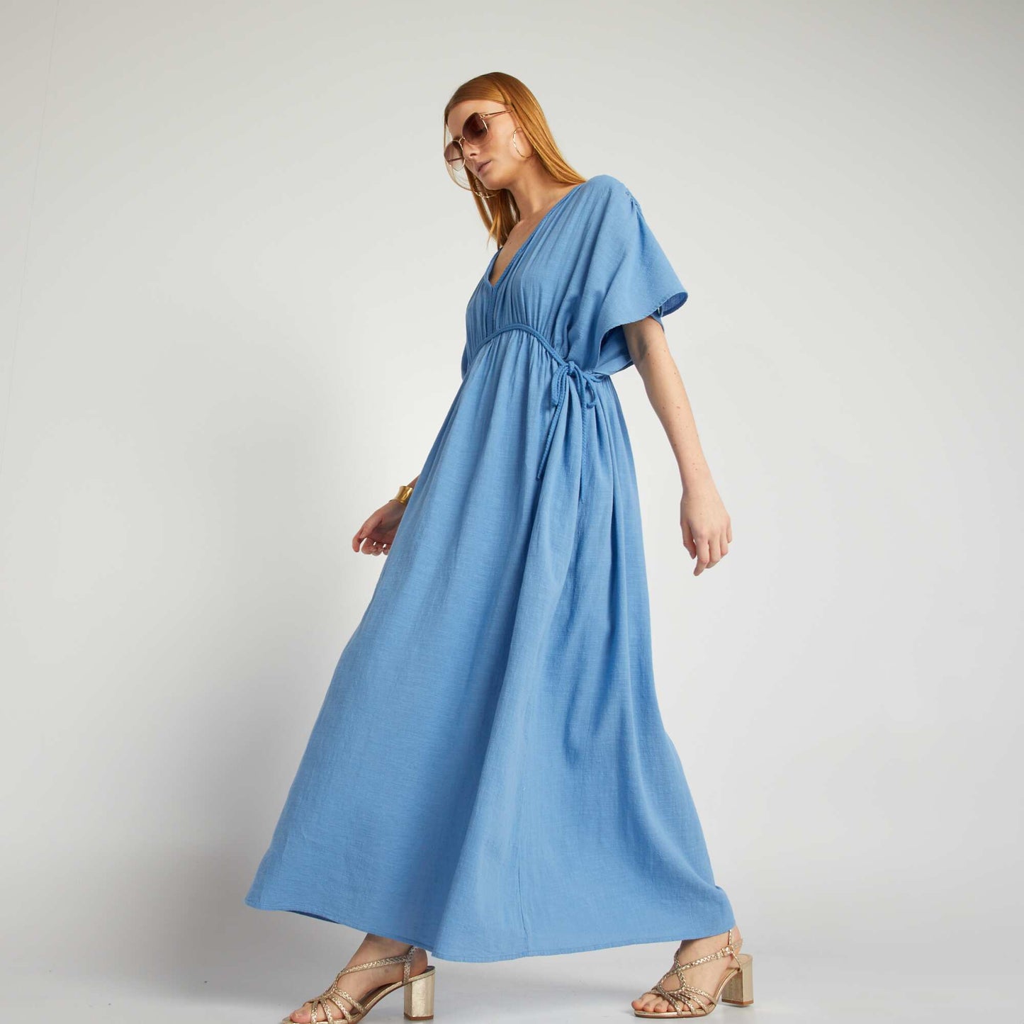 Long double cotton gauze dress blue