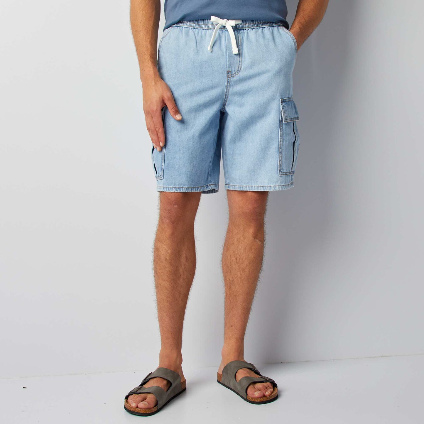 Multi-pocket cotton and hemp shorts BLUE