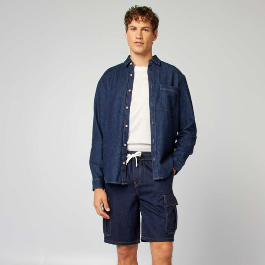 Multi-pocket cotton and hemp shorts BLUE