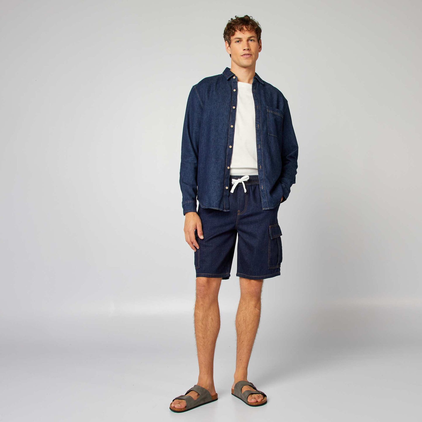 Multi-pocket cotton and hemp shorts BLUE