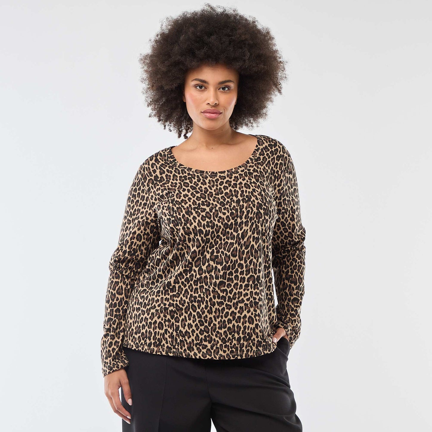 Plain long-sleeved jersey T-shirt BEIGE