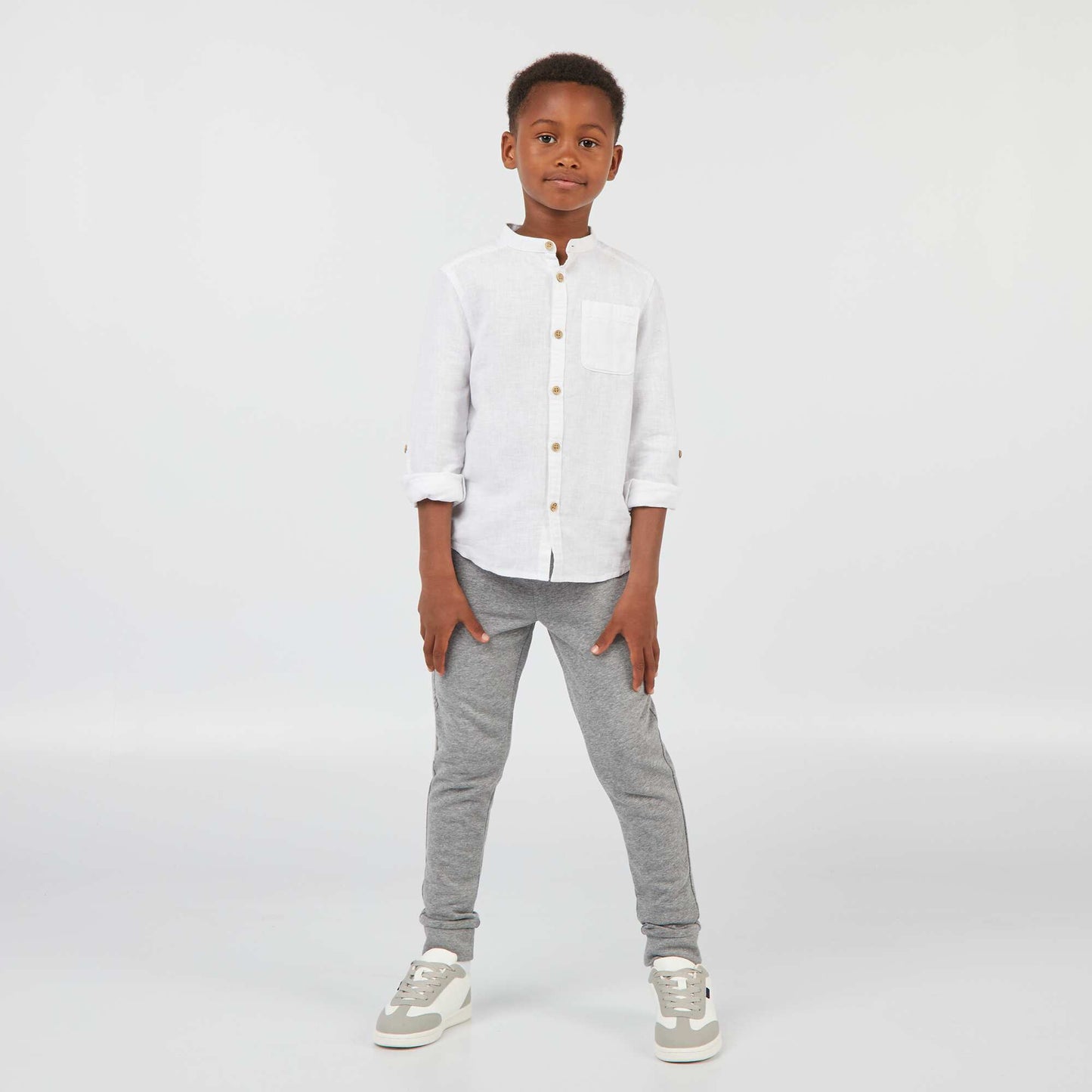 Linen-blend shirt with mandarin collar white