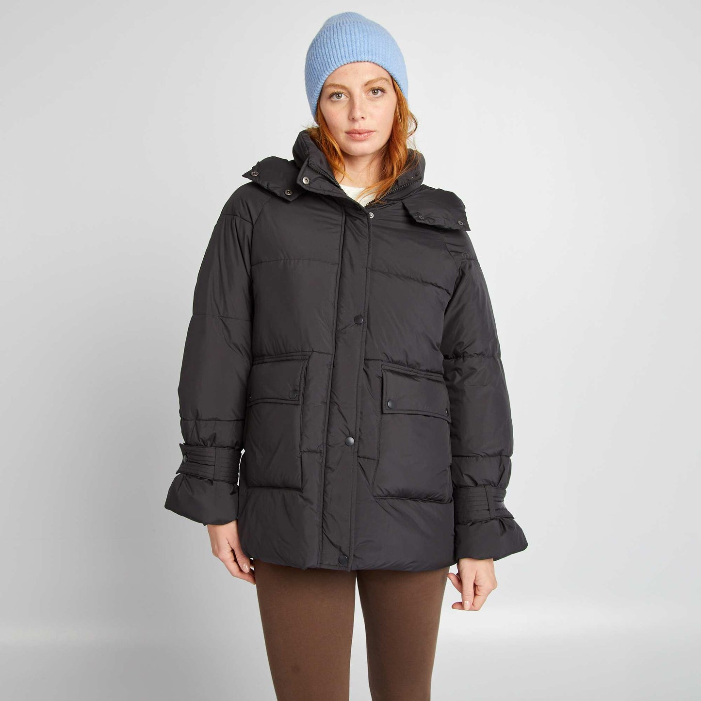 Mid-length quilted padded jacket black