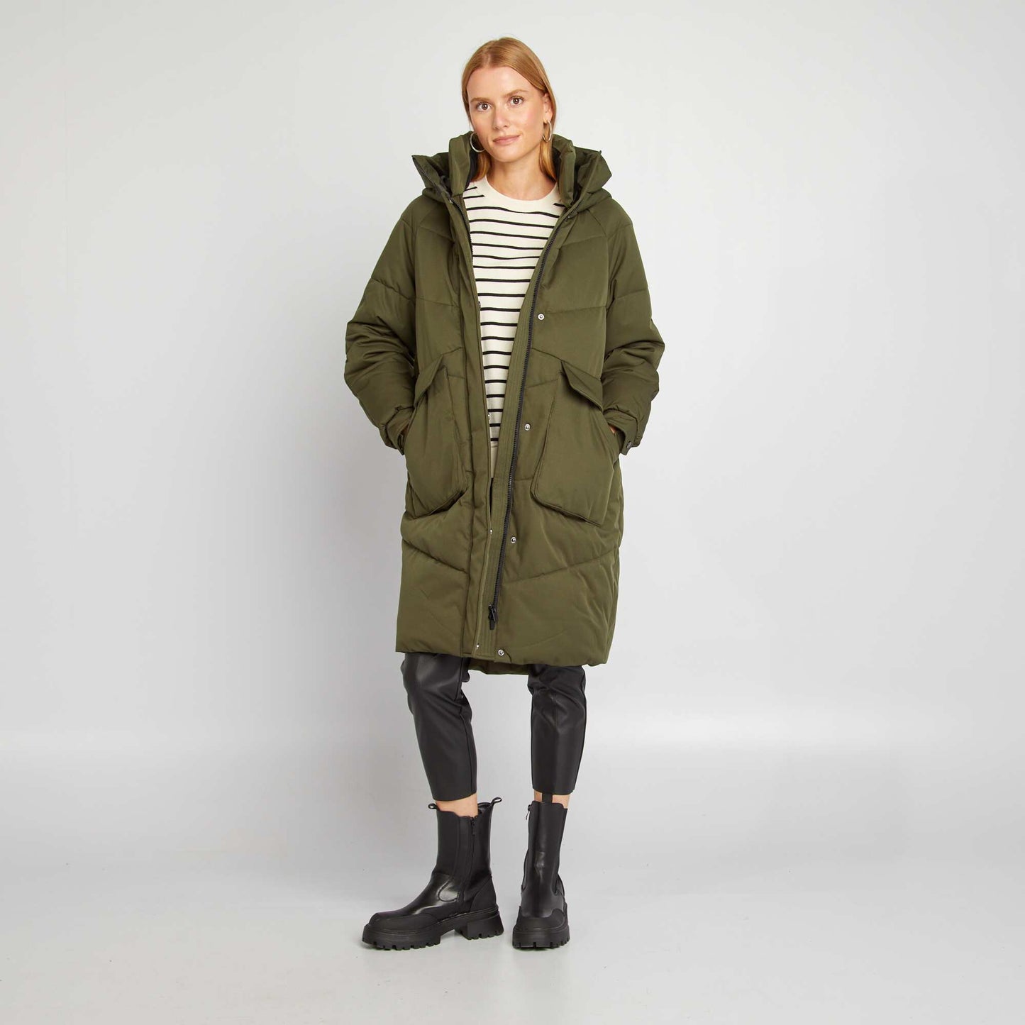 Mid-length padded jacket with hood KHAKI