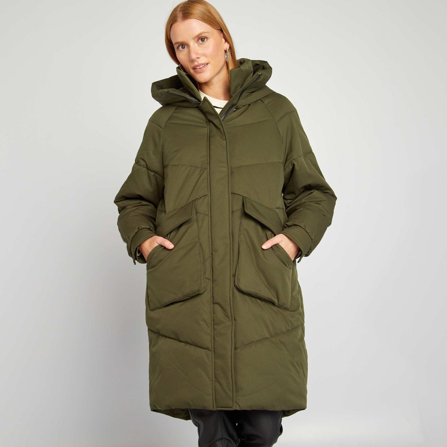 Mid-length padded jacket with hood KHAKI