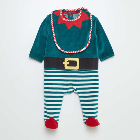 Christmas velour sleepsuit with bib GREEN