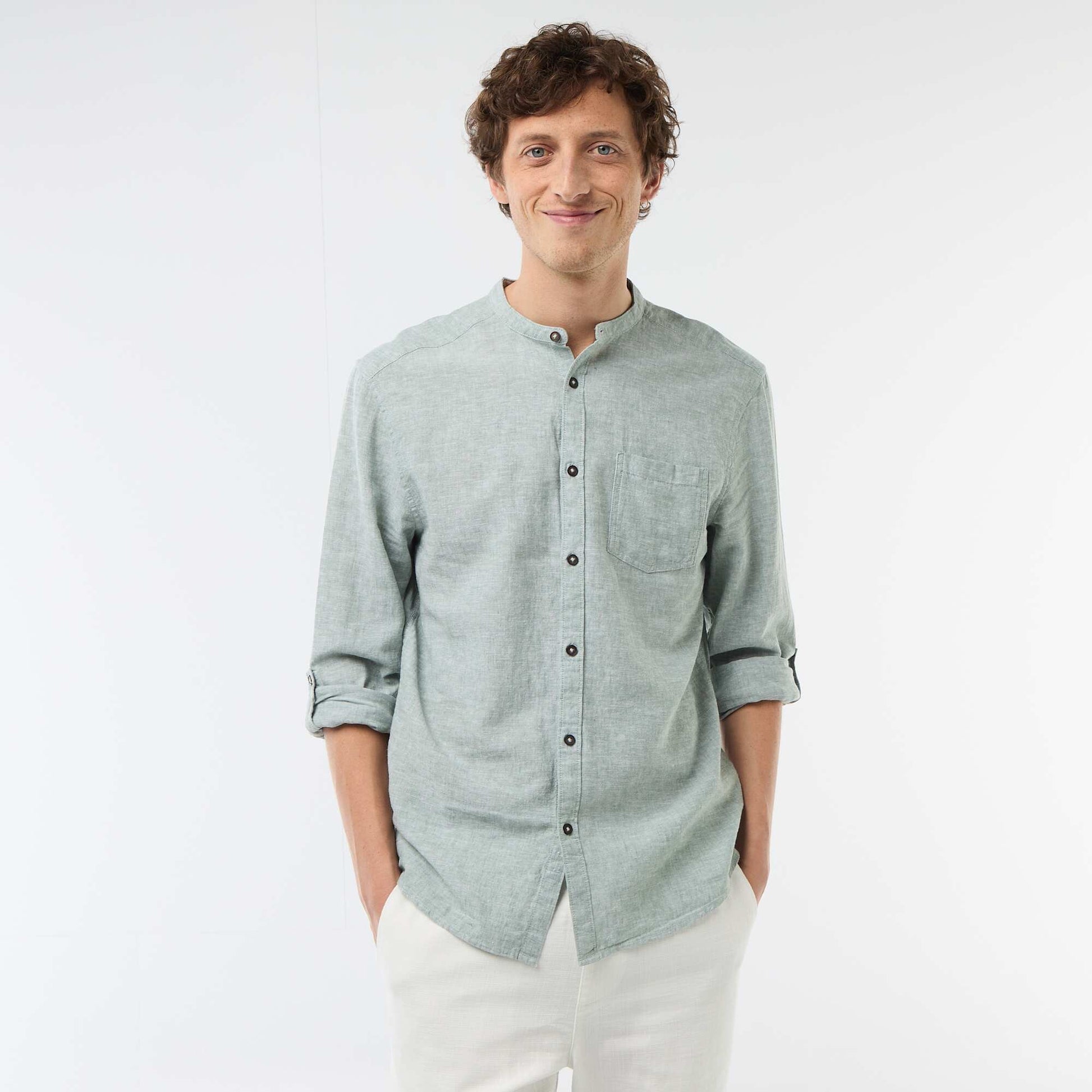 Mandarin collar shirt with linen GREEN