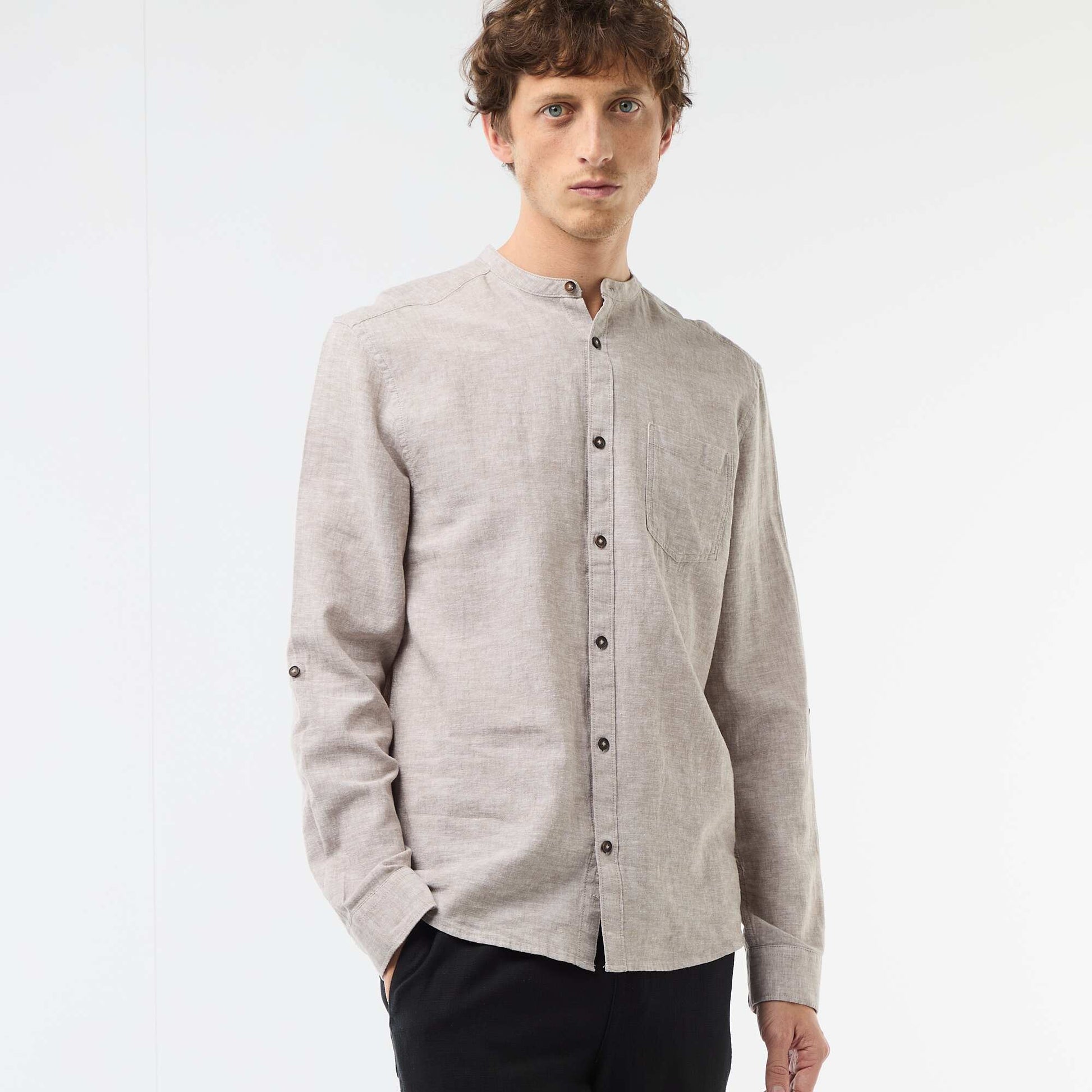 Mandarin collar shirt with linen BEIGE