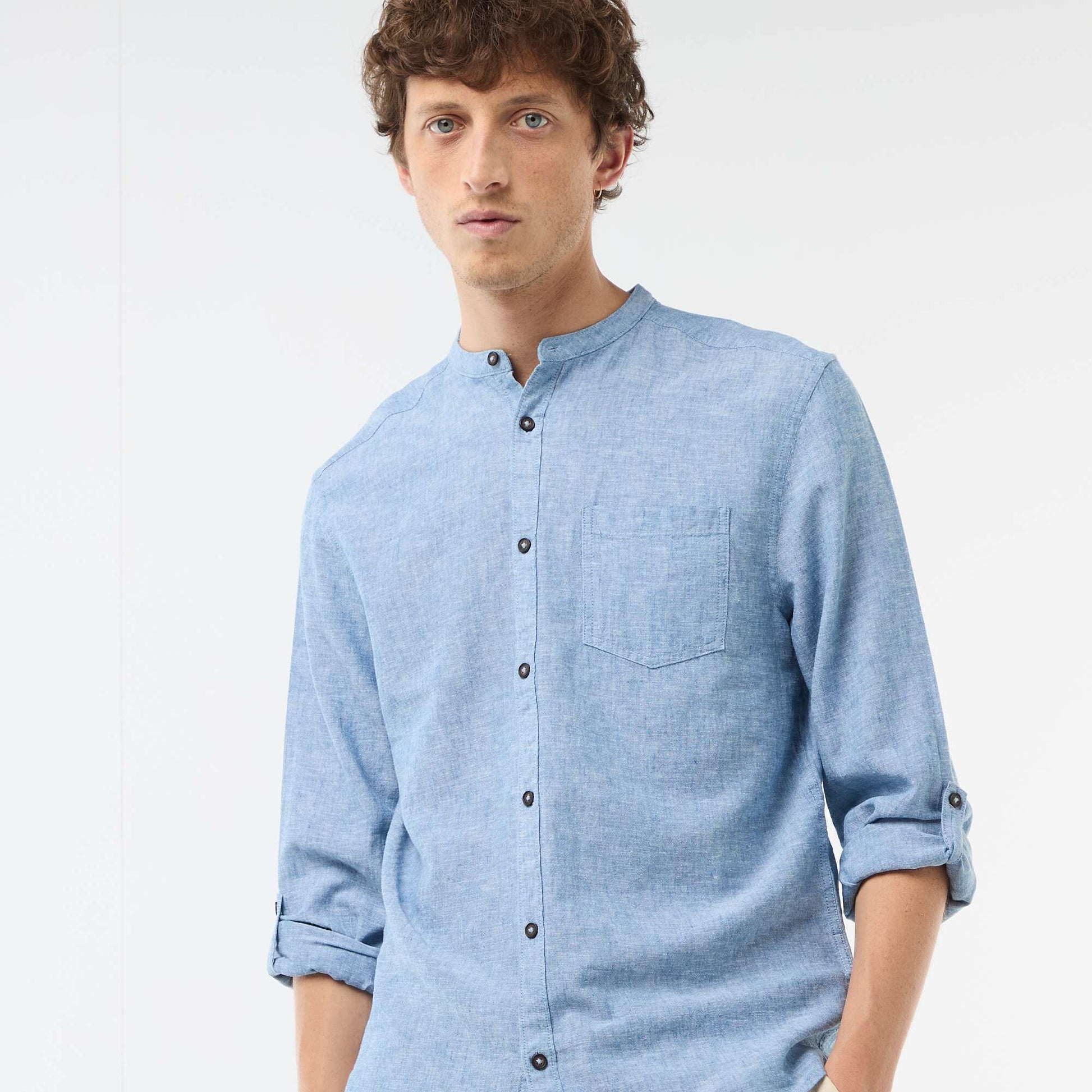 Mandarin collar shirt with linen BLUE