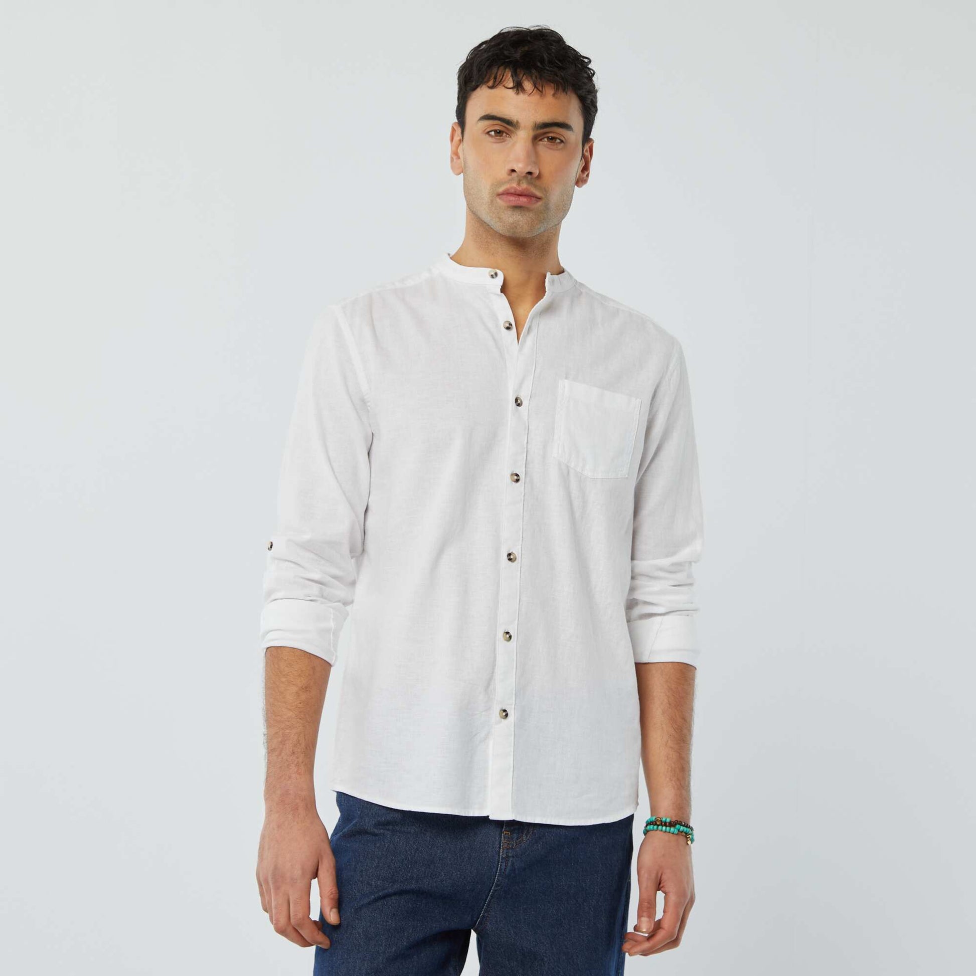 Mandarin collar shirt with linen WHITE