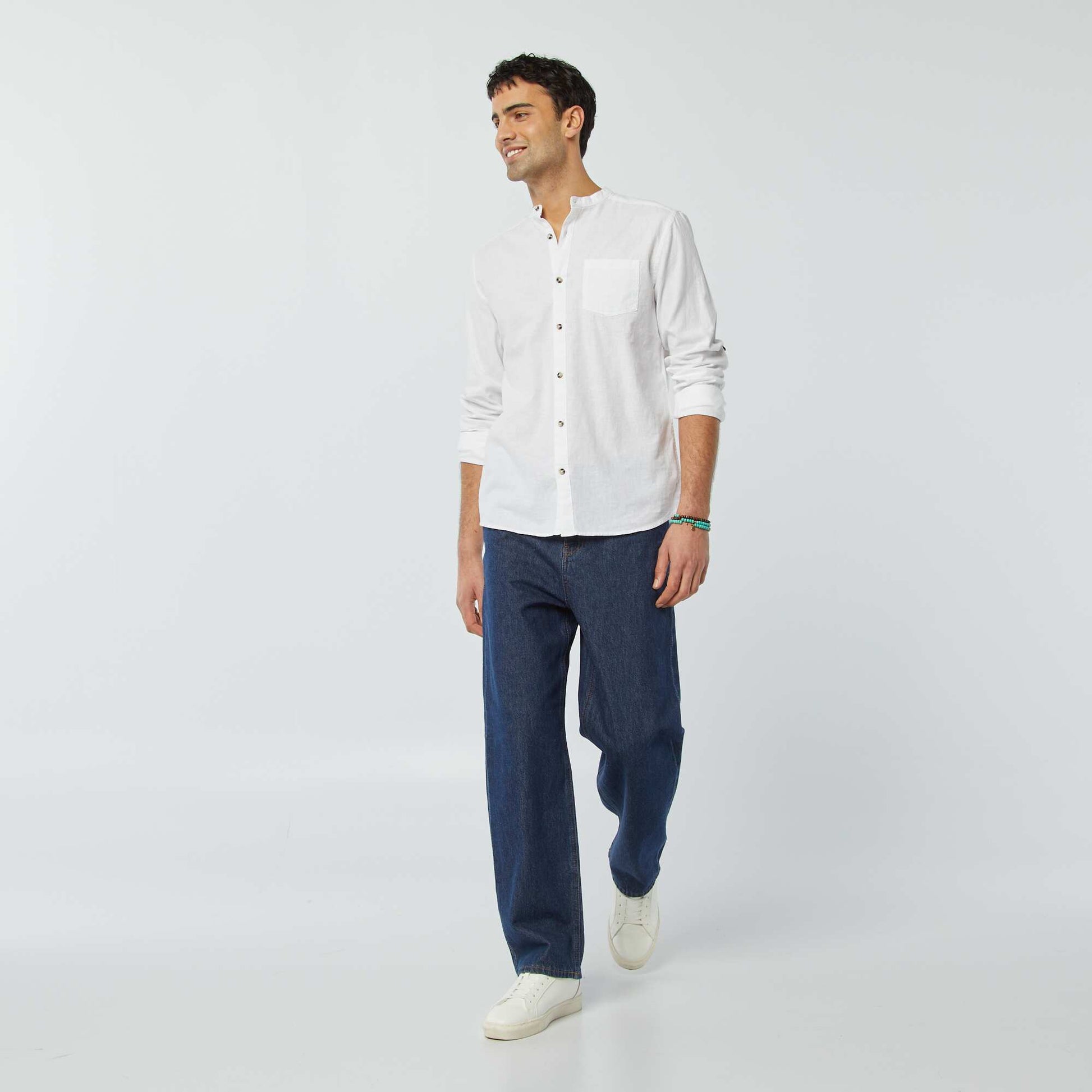 Mandarin collar shirt with linen WHITE