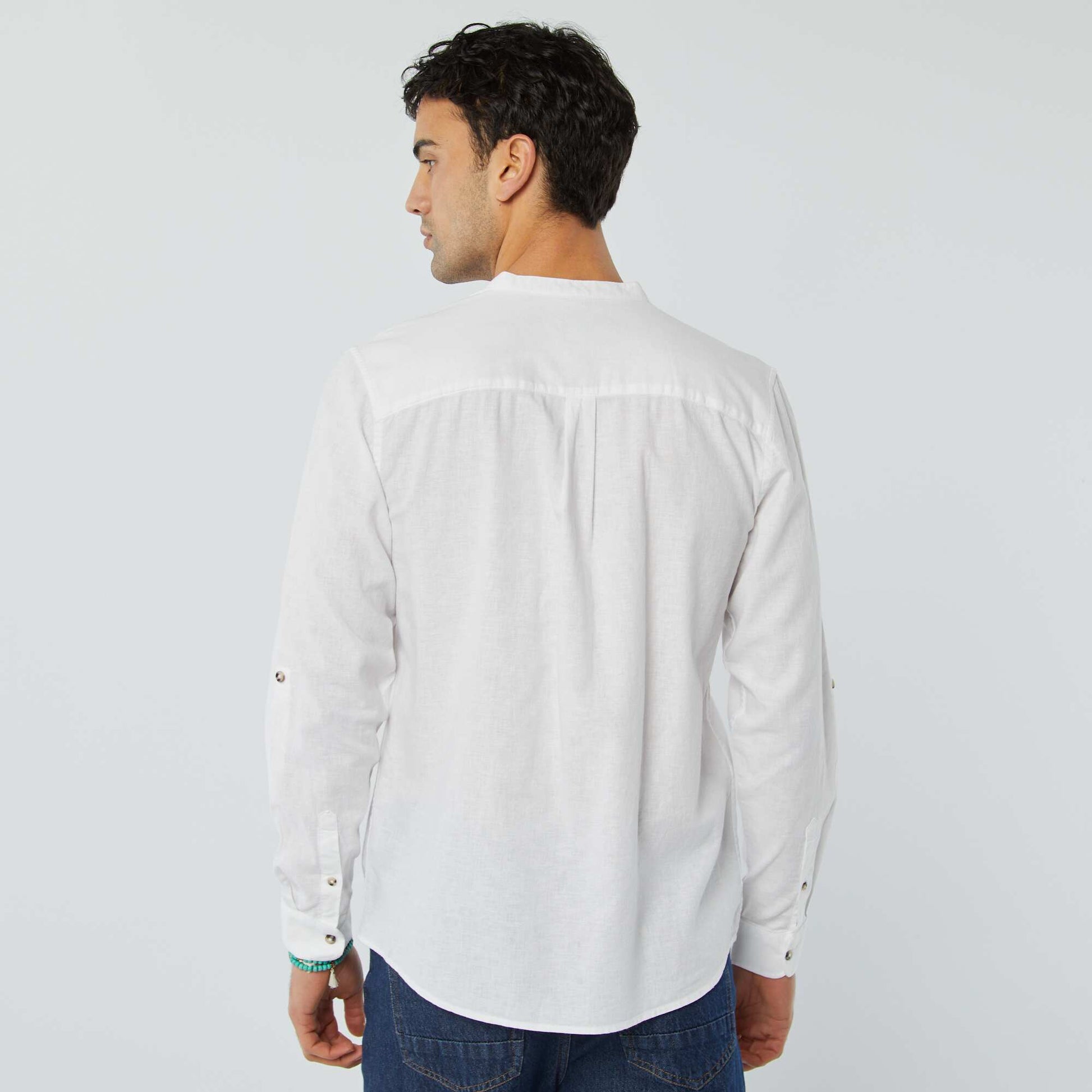 Mandarin collar shirt with linen WHITE