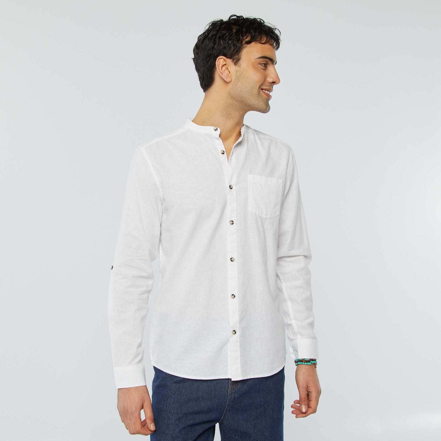 Mandarin collar shirt with linen WHITE