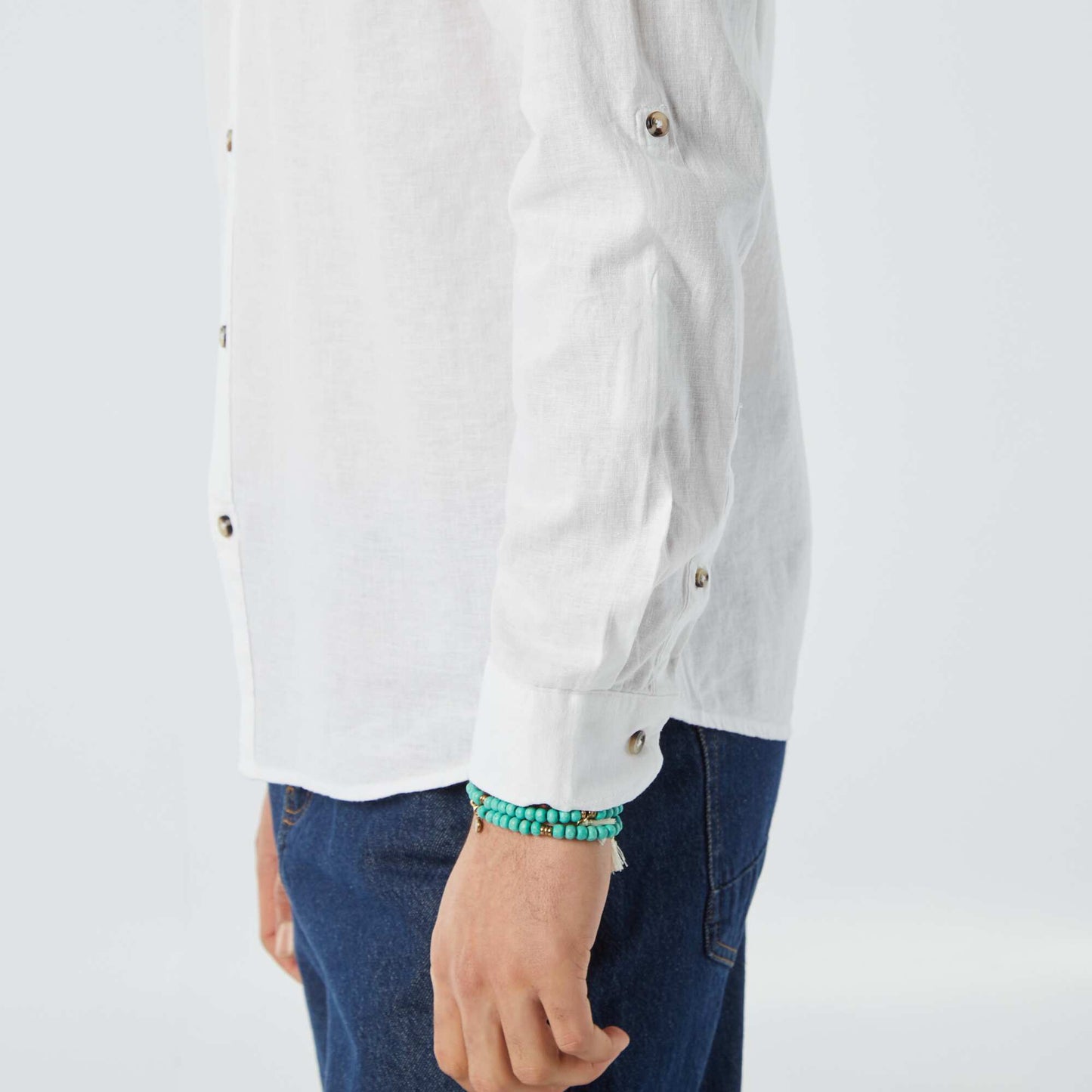 Mandarin collar shirt with linen WHITE