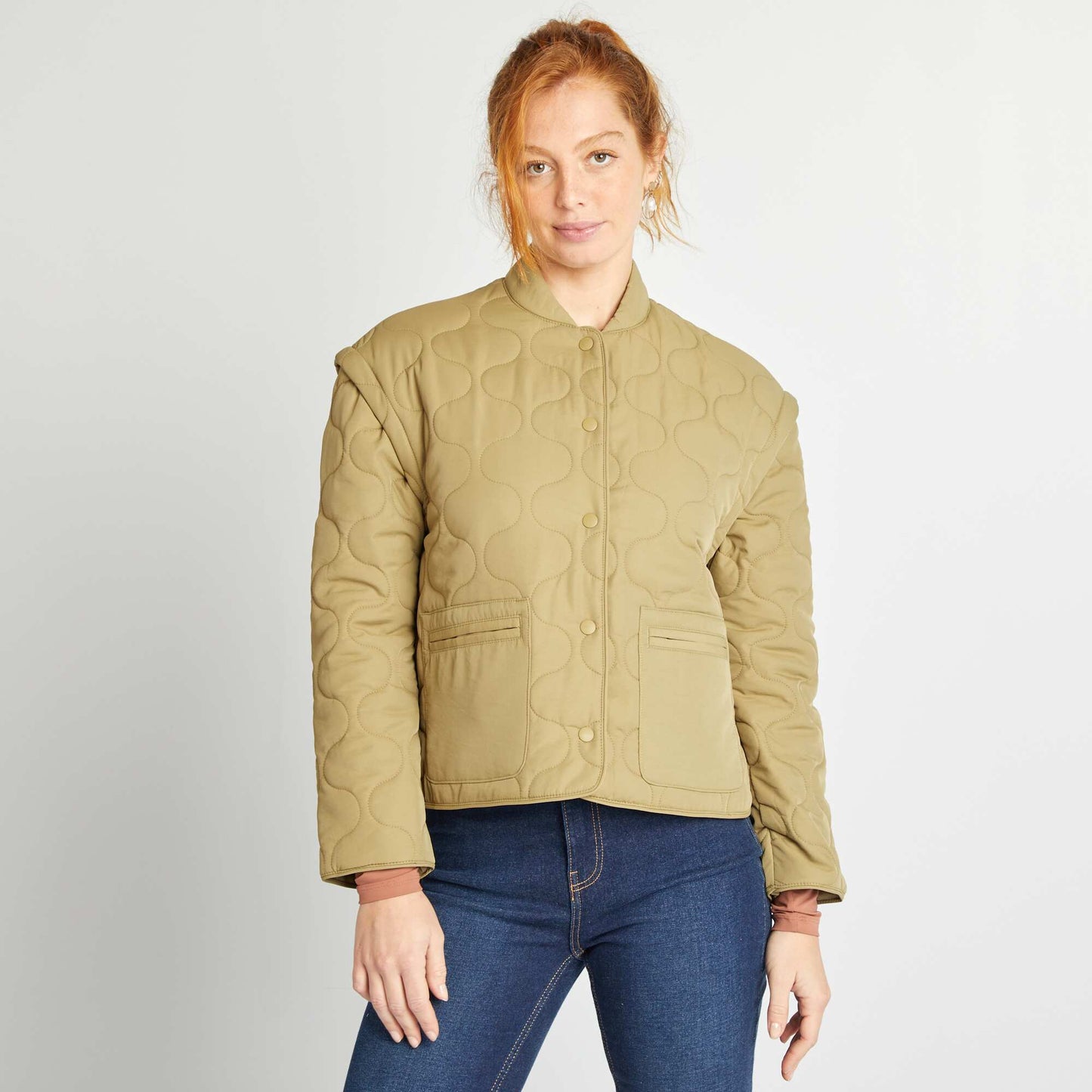 Quilted padded jacket with detachable sleeves KHAKI