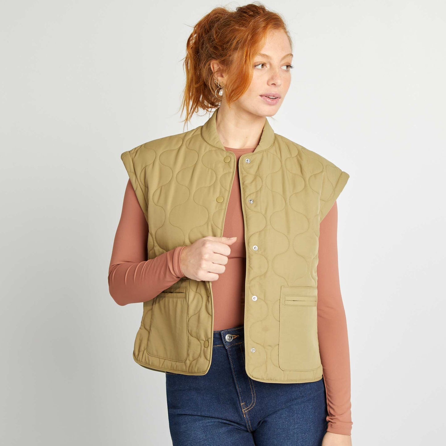 Quilted padded jacket with detachable sleeves KHAKI