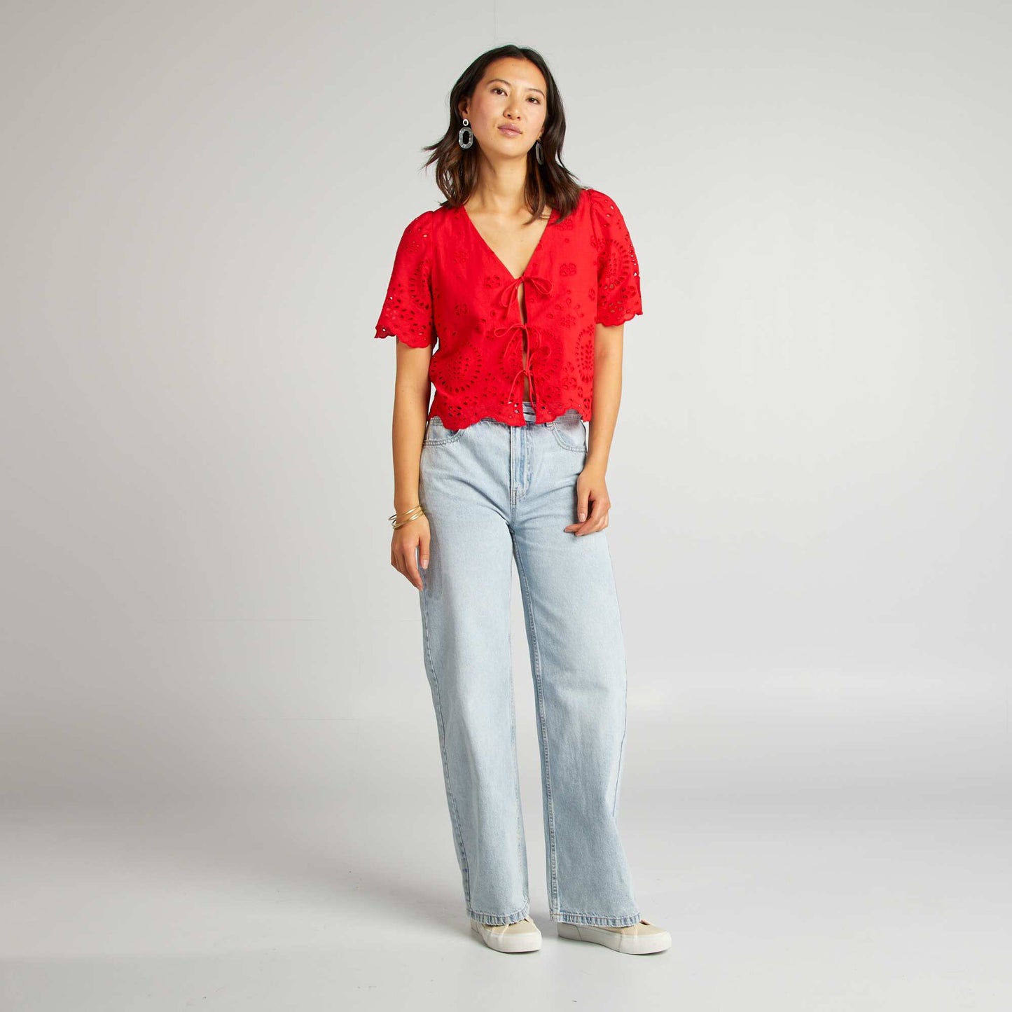 Embroidered blouse with bows RED