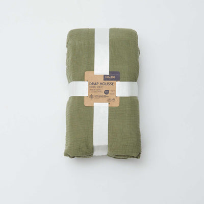 Double cotton gauze fitted sheet for double bed (180 x 200 cm) - Kiabi Home GREEN