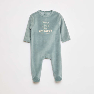 Fleece sleepsuit with feet and design on the front GREEN