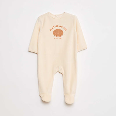 Fleece sleepsuit with feet and design on the front BEIGE