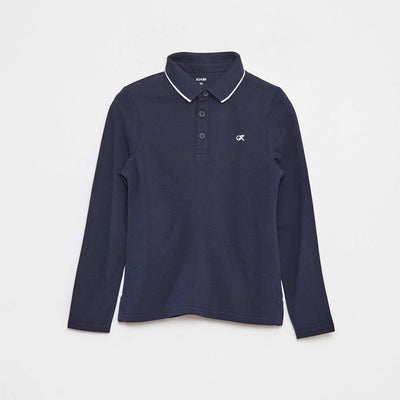 Long-sleeved cotton piqué polo shirt BLUE