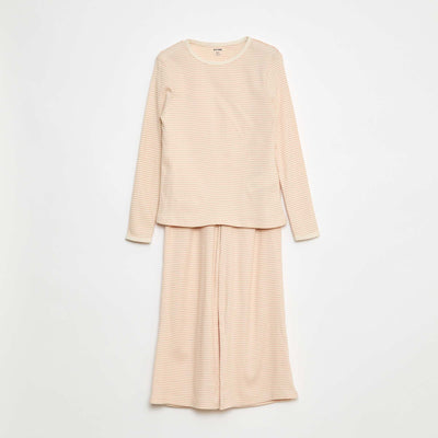 Striped Print Long Pajamas - 2 Piece Set BEIGE
