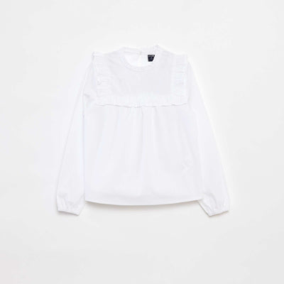 Long-sleeved blouse with ruffled front panel WHITE