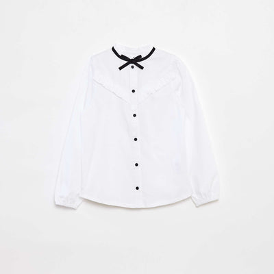 Blouse with ruffles and fancy bow at the collar WHITE