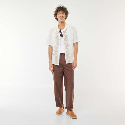 Straight cut linen-blend trousers BROWN