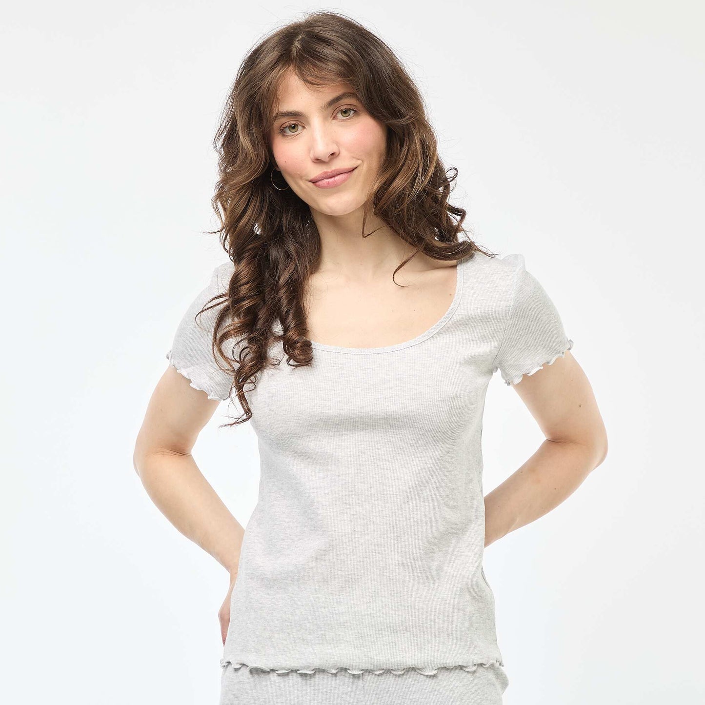 Plain Ribbed Knit Short-Sleeve T-shirt GREY