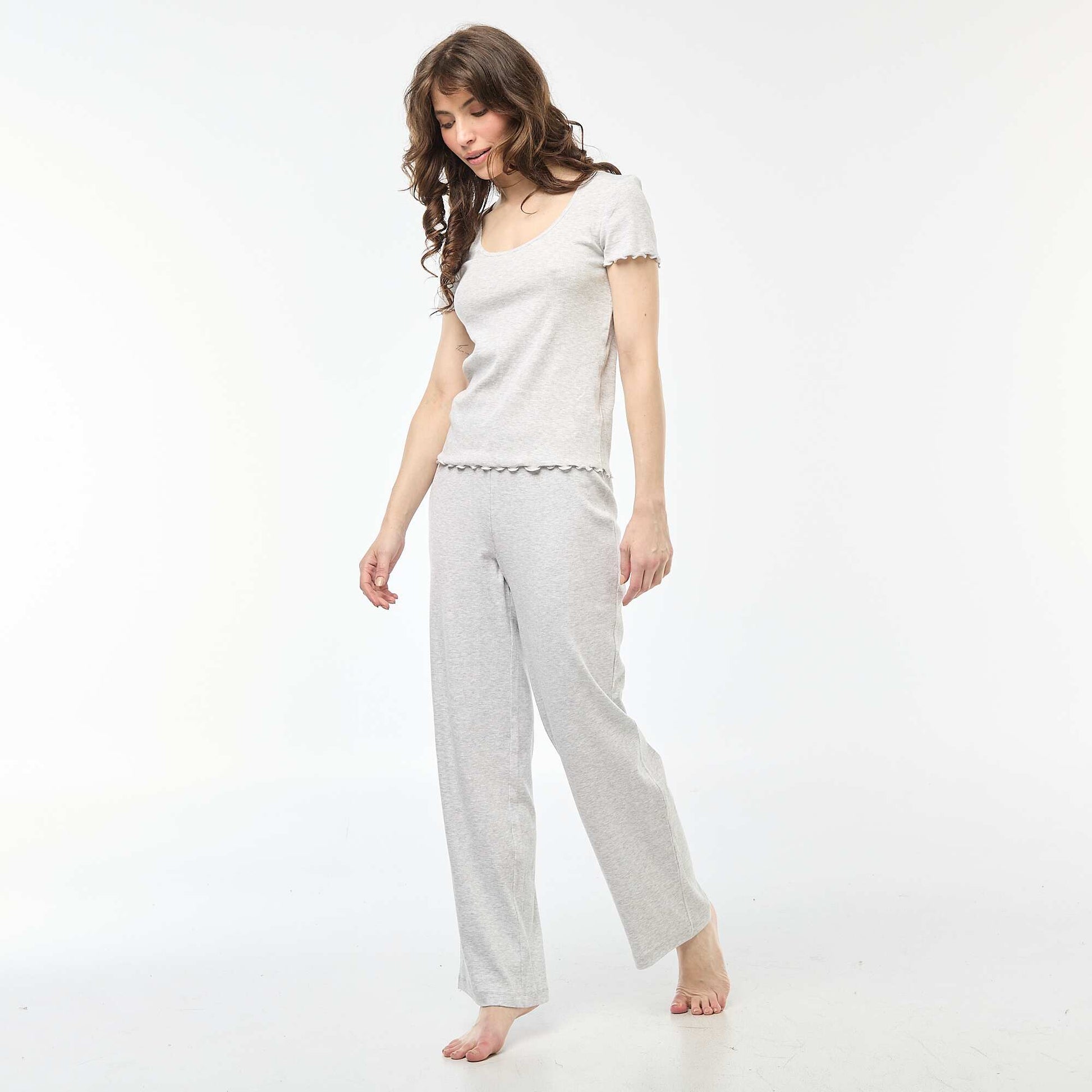 Plain Ribbed Knit Short-Sleeve T-shirt GREY