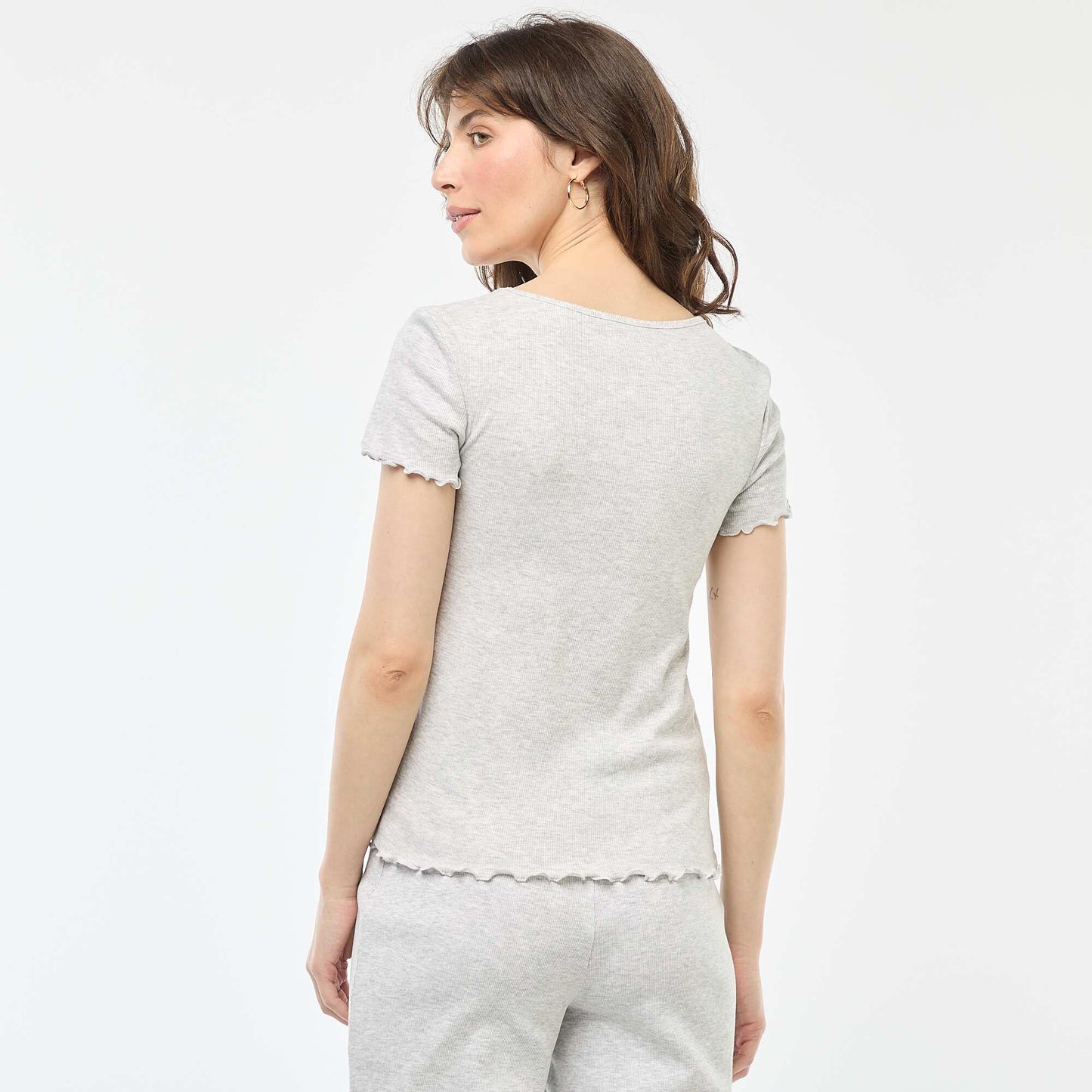 Plain Ribbed Knit Short-Sleeve T-shirt GREY