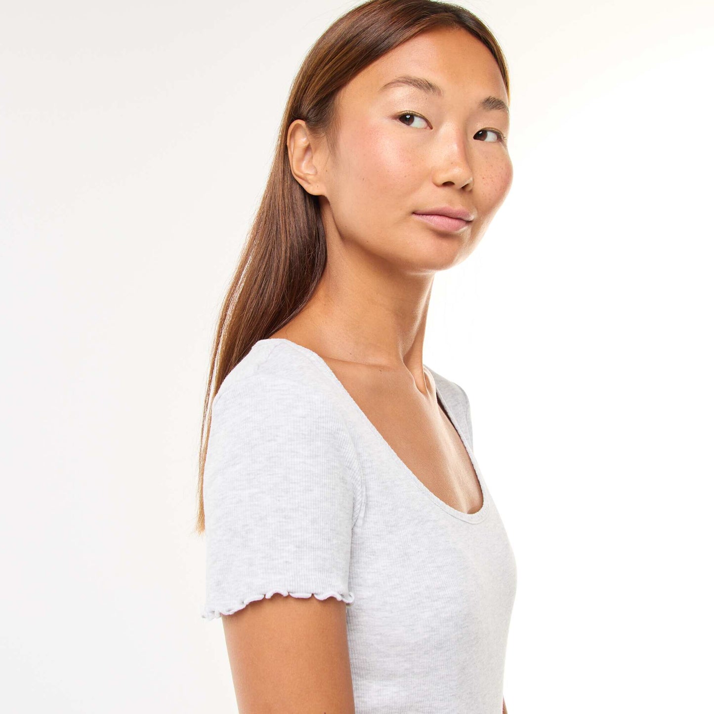 Plain Ribbed Knit Short-Sleeve T-shirt GREY