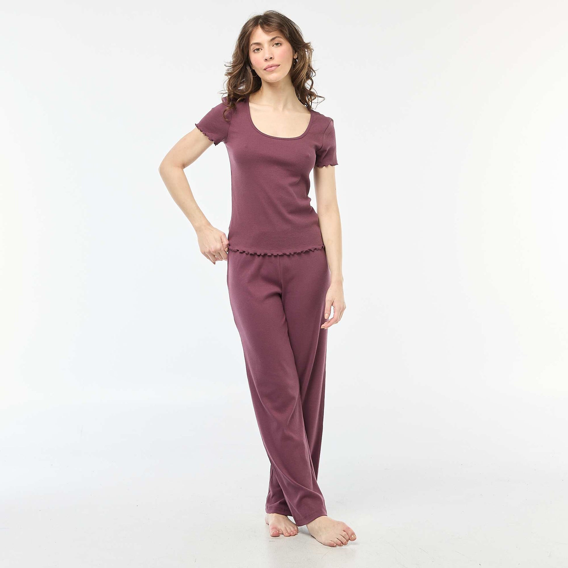 Solid Ribbed Knit Short-Sleeve T-Shirt PURPLE