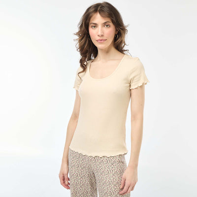 Short-sleeved ribbed knit plain T-shirt WHITE