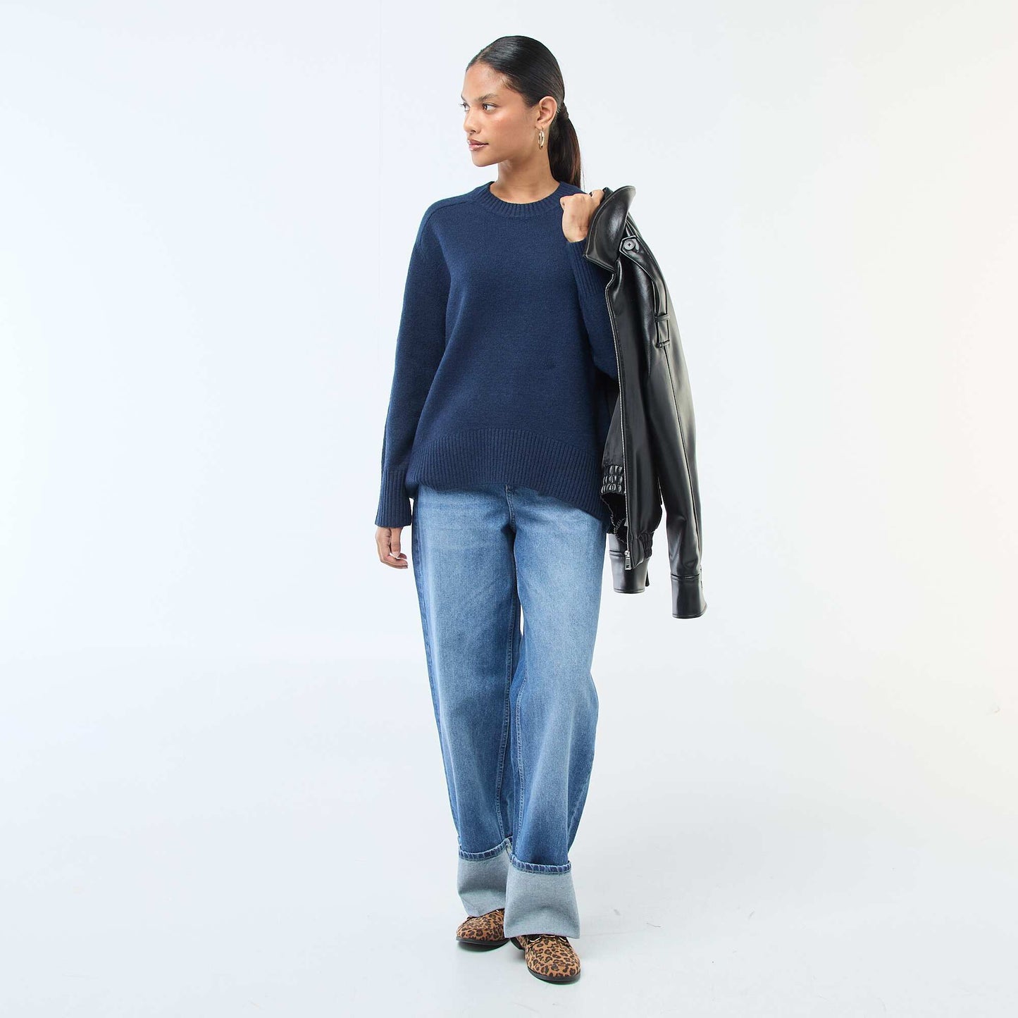 Chunky knit crew neck sweater BLUE