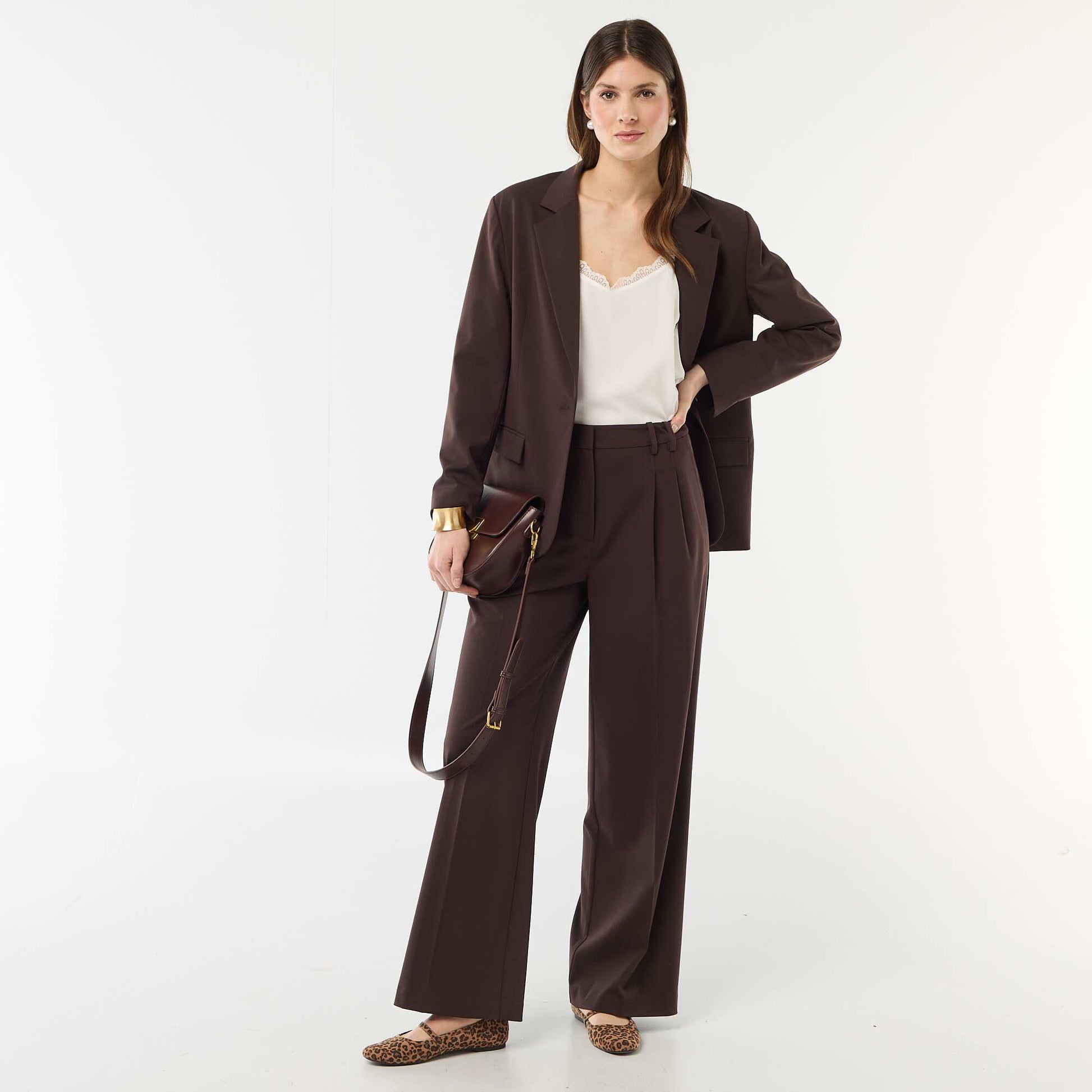 Wide-leg high-waisted 5-pocket trousers BROWN