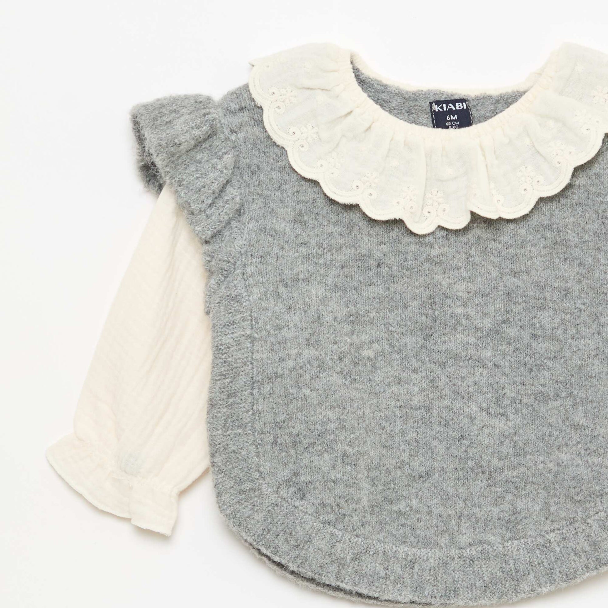 2-in-1 Sweater with Broderie Anglaise Collar GREY