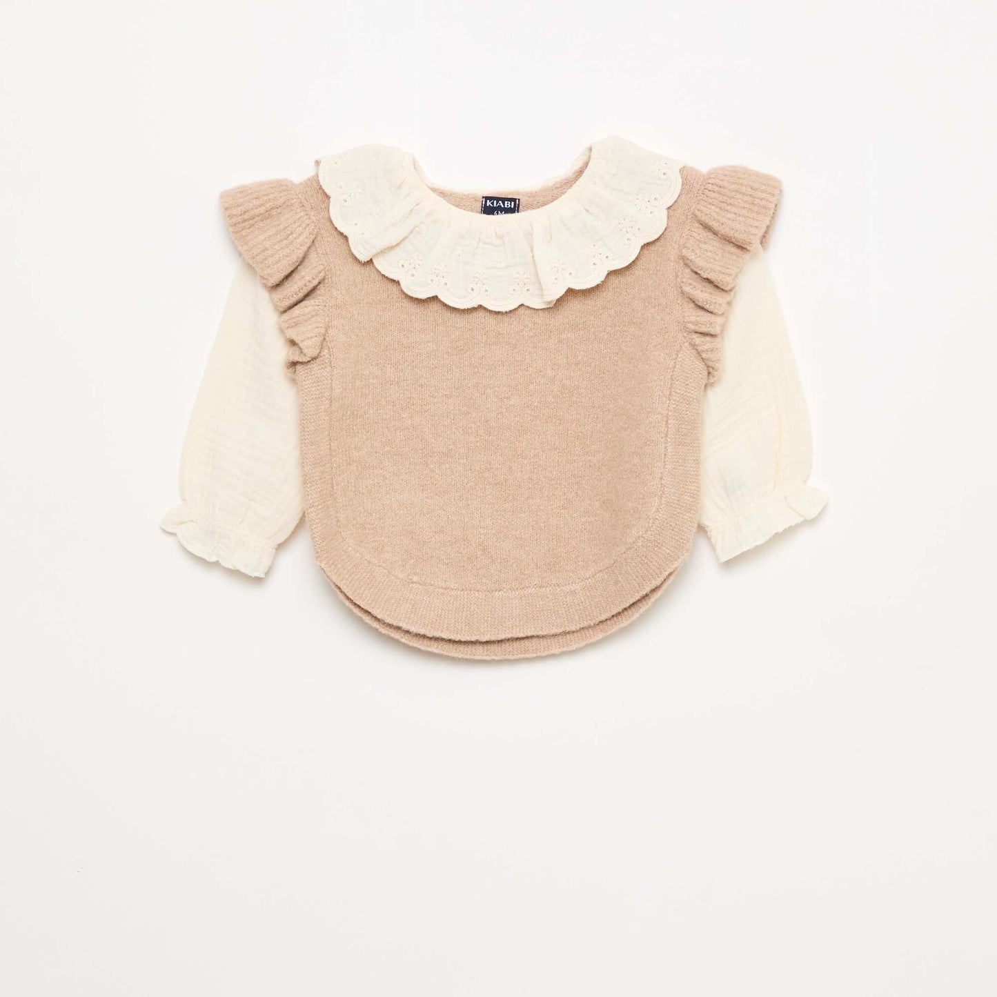 2-in-1 Sweater with Broderie Anglaise Collar BEIGE