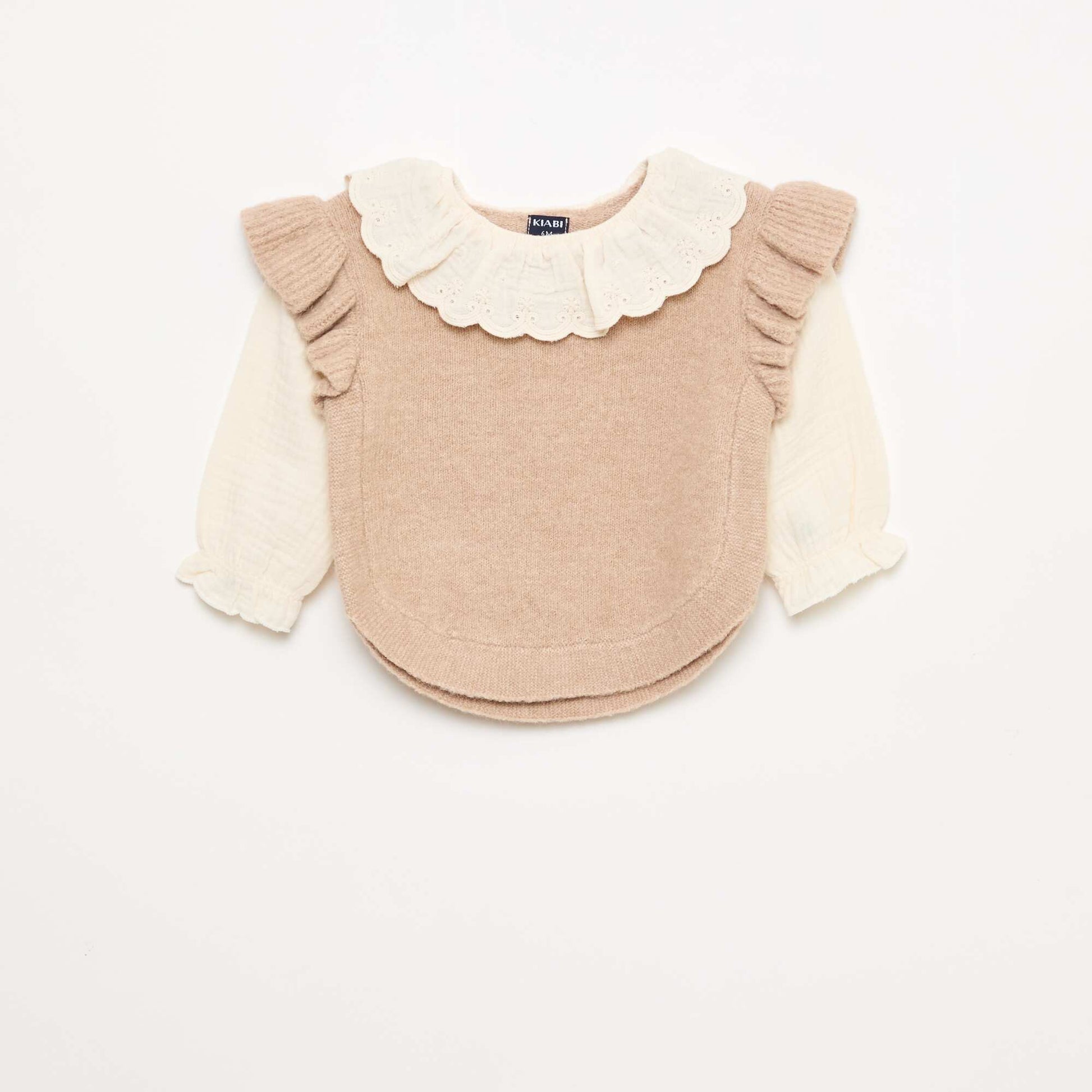 2-in-1 Sweater with Broderie Anglaise Collar BEIGE