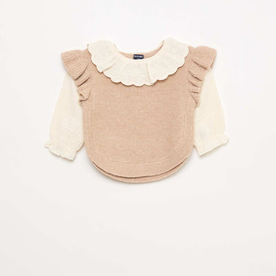 2-in-1 Sweater with Broderie Anglaise Collar BEIGE