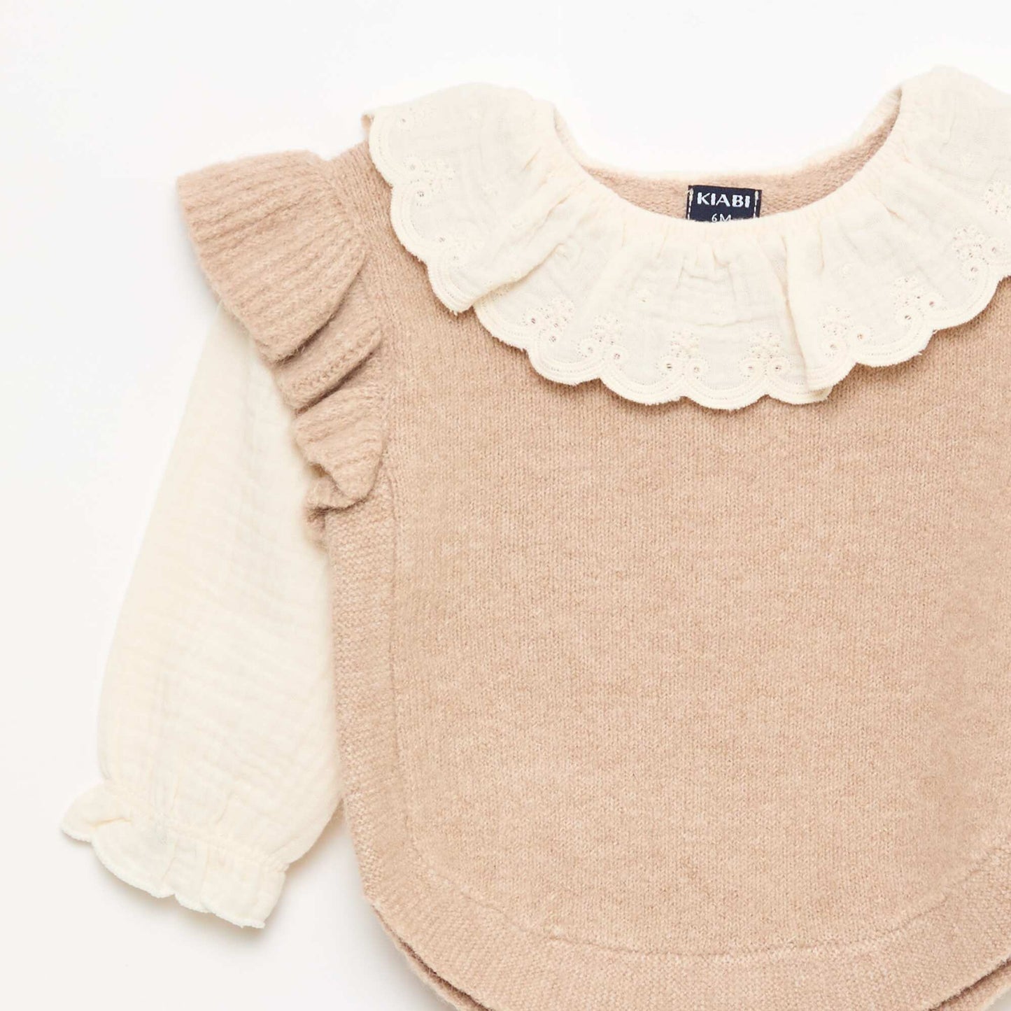 2-in-1 Sweater with Broderie Anglaise Collar BEIGE